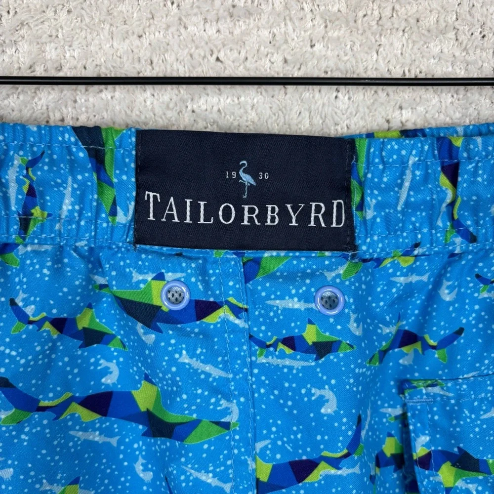 Tailorbyrd Swim Trunks Mens XL Blue‎ Shark Print Mesh Lined Pockets Beach Vacay